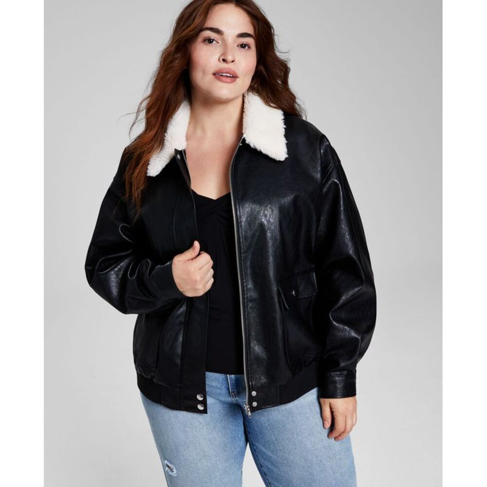 Women's Trendy Plus Size Faux-Leather Fleece-Trim Jacket
